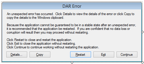 Name:  DAR Unhandled Exception.PNG
Views: 470
Size:  13.2 KB